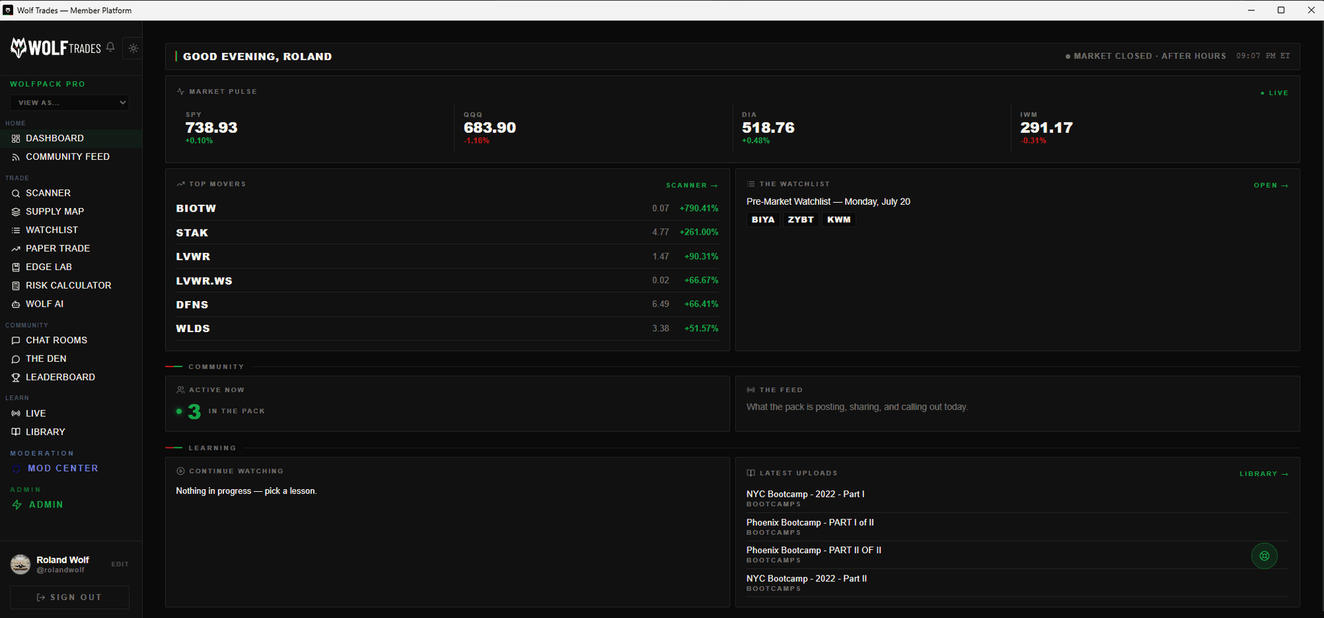 The Wolf Trades desktop app — scanner, charts, and the live room in one native window
