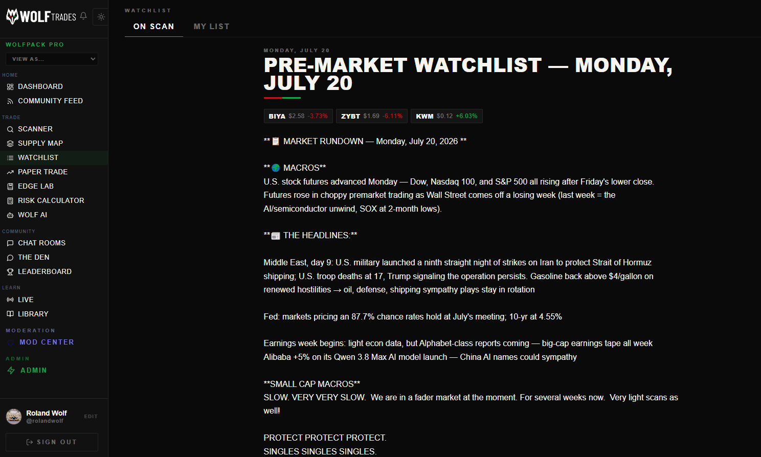 The daily watchlist as members see it: a premium-rendered card/list with tickers, levels, and notes. Landscape or 4:3.