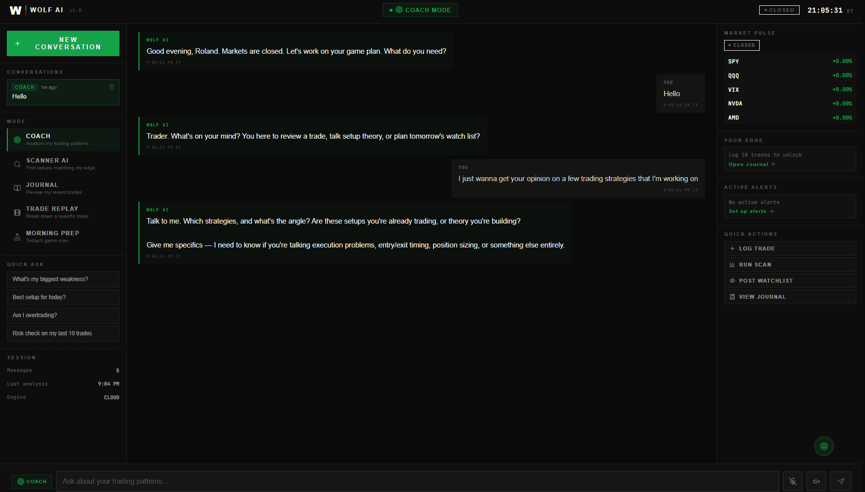 Wolf AI mid-conversation: a real question about a trade + the answer. Landscape, full app window.